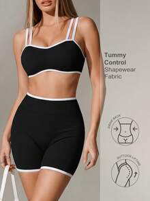 SHEIN Sports 2件套无缝高弹力运动文胸和短裤套装 - 黑色 - 查看 1