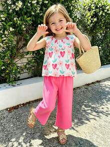SHEIN Elladie kids 2件組少女夏季新款活力風愛心與花朵印花無袖荷葉領上衣搭配玫瑰粉休閒長褲套裝，適合日常出遊、公園、度假、海灘、派對、開學，春夏季適用 - 玫紅色 - 查看 5