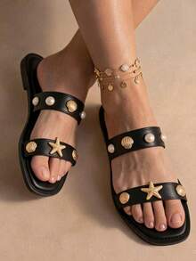 Sandalias planas elegantes  con pedrería marina y perlas - Estilo Resort Elegante - negro - Ver 3