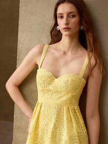 MOTF PREMIUM CONTRAST LACE HOLLOW OUT DRESS, SPRING/SUMMER - Pale Yellow - View 6