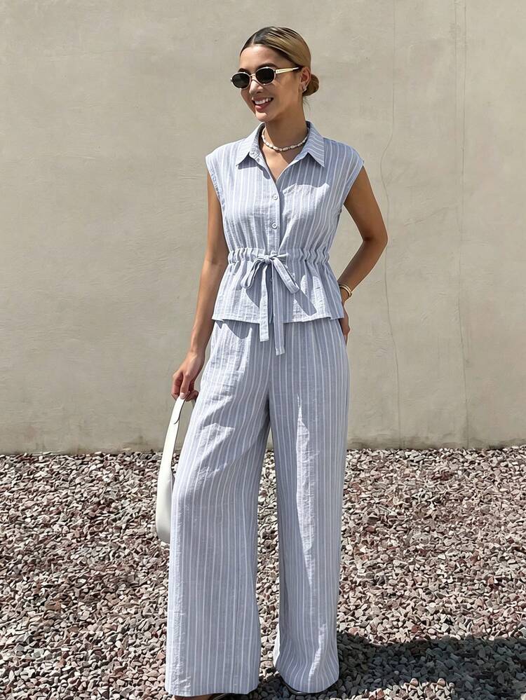 Women's Blue And White Stripe Bohemian Turndown Collar Cinched Waist Loose Pants,Relaxed Casual Summer Vacation Holiday Two Pieces Set,Lounge Sets