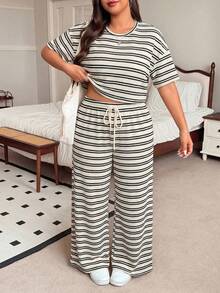 SHEIN EZwear 大尺碼女款條紋短袖上衣與寬腿長褲休閒套裝 - 彩色 - 查看 5