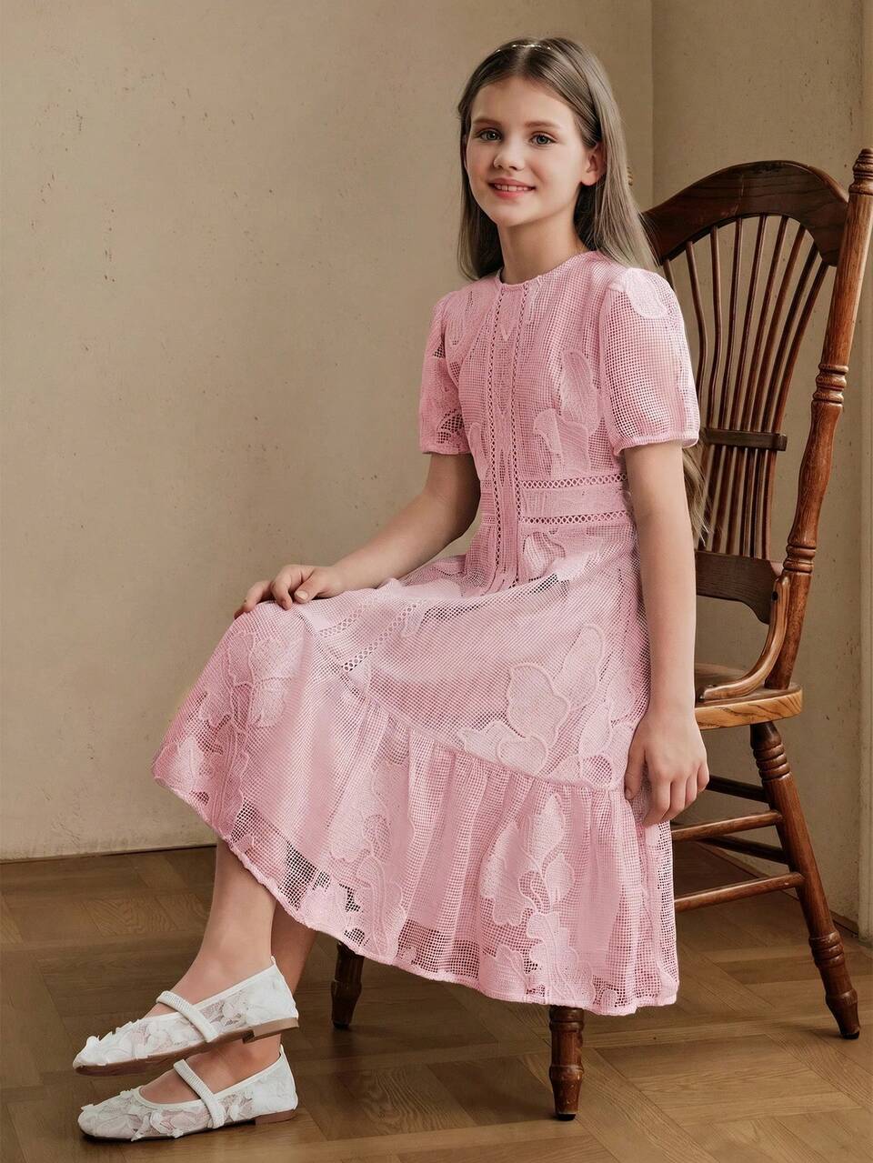 Summer Blue Hollow Puff Sleeve Midi/Dress For Older Children