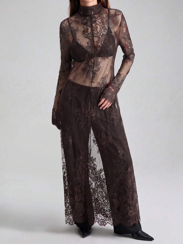 Women's Burgundy Lace Long Dress,Autumn Elegant Seductive Night Out Party Outfit,Waist-Cinched Fitted Silhouette,Urban Chic Business Casual Date Wear