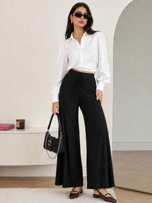 Solavon Women Drawstring Straight Loose Wide Leg Casual Pants, Daily Street Style Black - Black - View 2