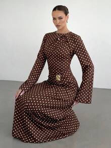 Siren Gaze 女款素色扭結細節前金屬扣飾喇叭長袖洋裝，女款婚禮賓客洋裝，女款冬季洋裝 - 棕色 - 查看 4