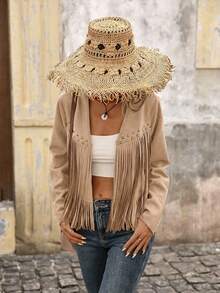 Brillora Women's Solid Color Tassel Trim Open Front Jacket Rave Camel Summer Boho Modest - Khaki - View 6