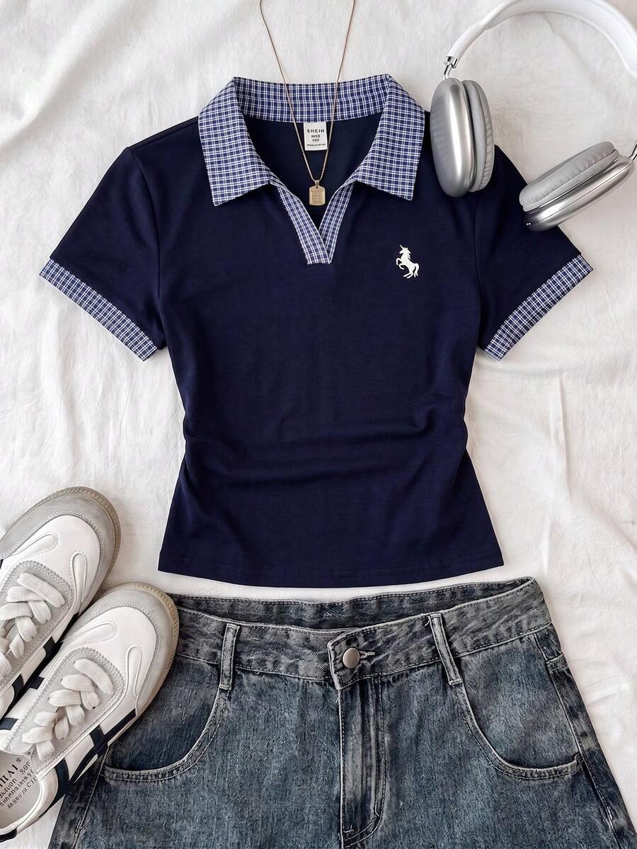 Tween Girl's Summer Casual Unicorn Embroidered Polo Collar Short Sleeve T-Shirt - Multicolor - View 1