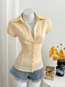 Elamini Women's V-Neck Vintage Elegant Mushroom Button Textured Jacquard Casual Vacation Cinched Waist Blouse Dinner Date White Summer - Light Yellow - View 7