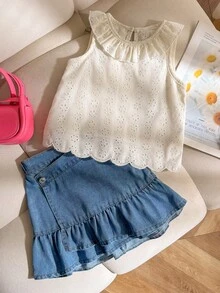Genkimix Kids Young Girl Summer Beach Casual Sweet Cute Solid Color Schiffy Lace Sleeveless Tank Top And Ruffle Hem Denim Skirt Set - Multicolor - View 5