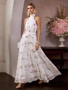 MOTF Soiréza ELEGANT WOMEN'S SLEEVELESS MOCK NECK MAXI PARTY GOWN WITH RANDOM FLORAL PRINT CHIFFON FABRIC, BACK NECK TIE BINDING FOR ADJUSTABLE FIT, RUCHED WAIST DETAILING - White - View 7