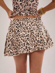 SHEIN BAE Autumn Women's Casual Disco Sexy Vacation Waist Gathered A-Line Asymmetrical Beige Print Skirt, Suitable For Beach Night Party, Holiday, Sister, Mini - Brown - View 2