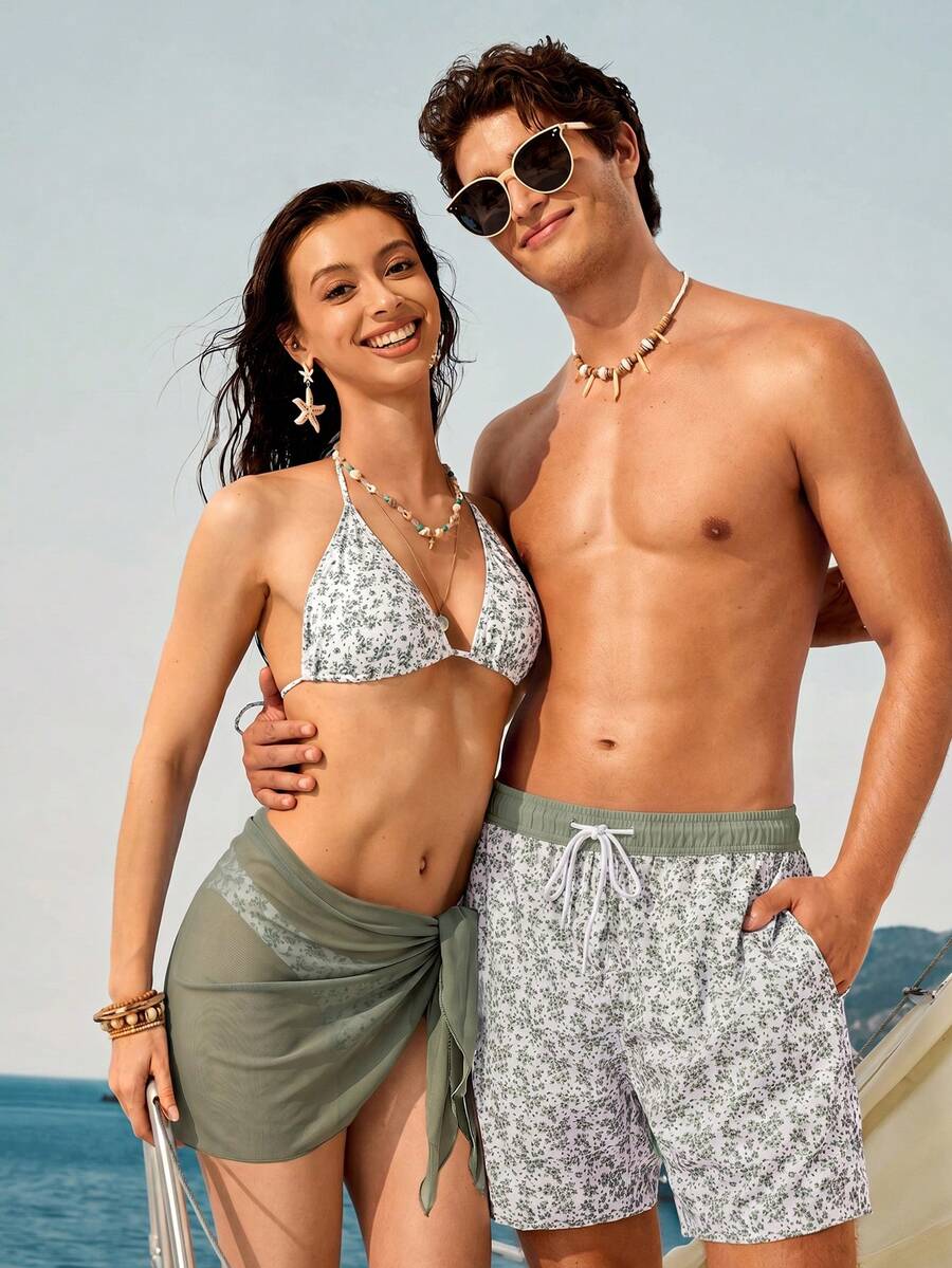 Manfinity VDAYZ 男士碎花抽繩腰設計口袋休閒時尚沙灘短褲,度假款 - 彩色 - 查看 1