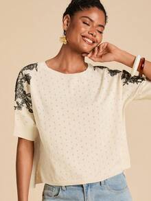 Travachic Women's Colorblock Patchwork Round Neck Knit Top Everyday Black And White Summer Elegant Lace - Apricot - View 6