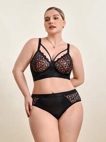 Hourtrue Plus Size Sexy Lace Underwire Bra Set - Black - View 3