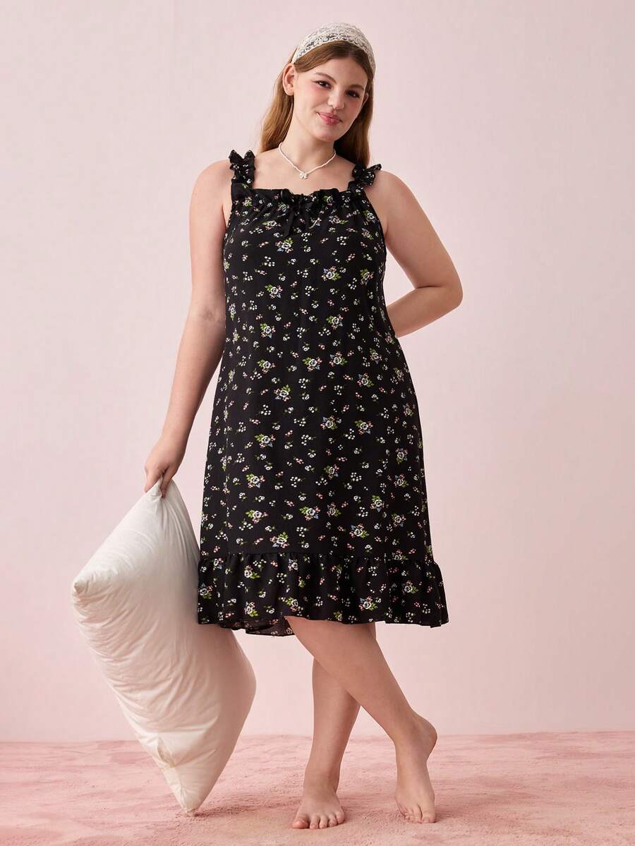 Bonmuse Plus Size Women's Casual Loose Bowknot Floral Print Ruffle Hem Camisole Nightgown - Black - View 1