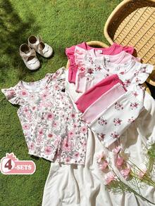 SHEIN Vintaside Kids 8件組/女嬰0-3歲春夏季新品休閒日常外出可愛素色針織不對稱螺紋短袖背心T恤上衣與短褲套裝 - 彩色 - 查看 8