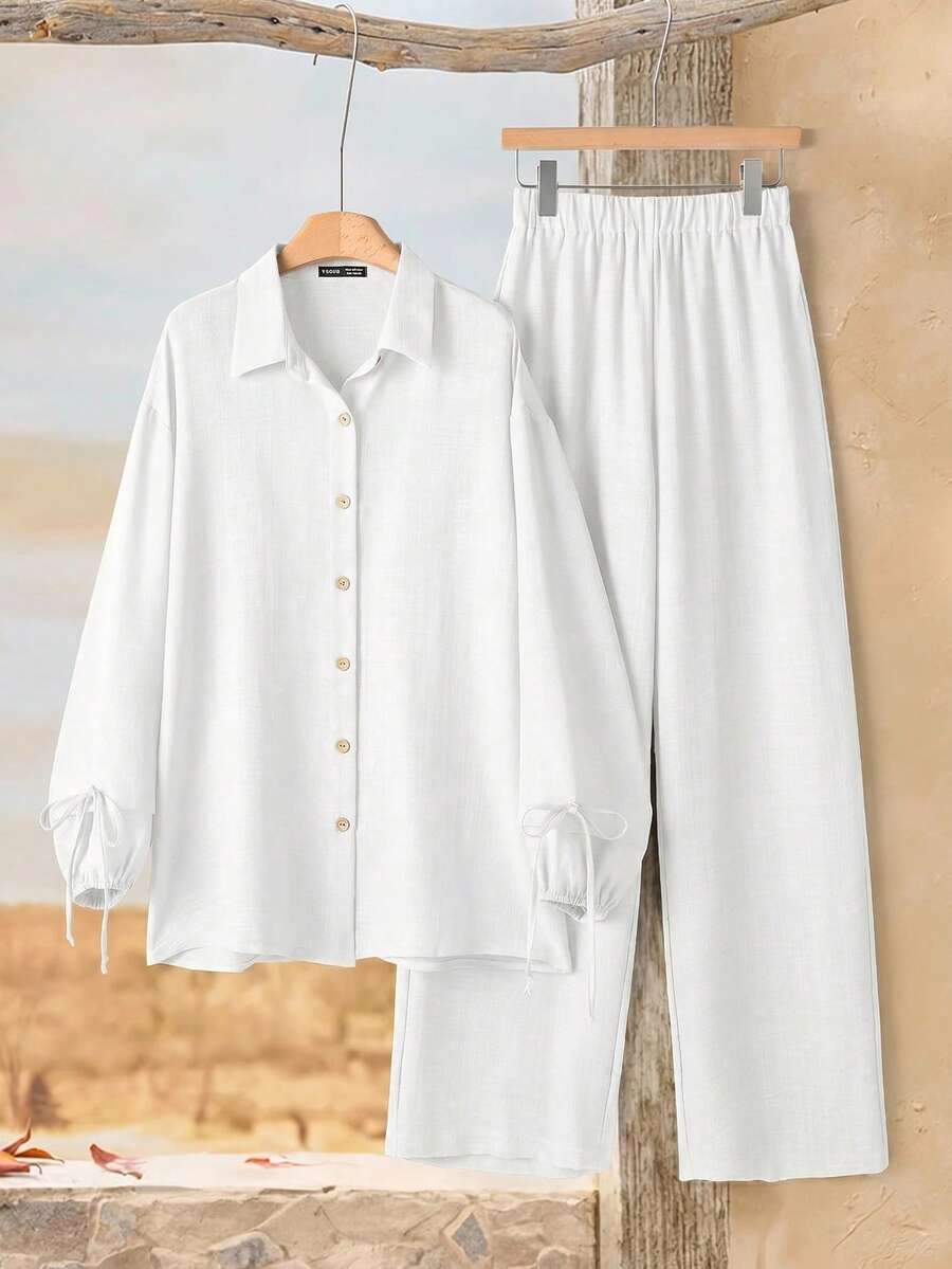 Rusticease Women's Solid Color Long Sleeve Front Button Minimalist Design Casual Two Pieces Set Vacation All White Autumn - White - View 1