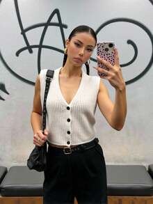 INAWLY 女款夏季通勤單排釦無袖V領開襟外套 - 杏色 - 查看 4