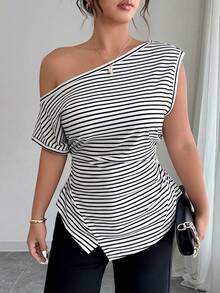 SHEIN Clasi Women's Plus Size Summer 1pc One Shoulder White Cinched Waist Asymmetrical Hem Slimming Minimalist Elegant Sexy Style Commute Date Wedding Sleeveless - Black and White - View 5