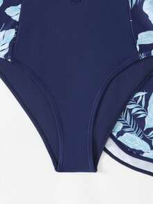 SHEIN 青少年女孩一件式泳衣 & 短褲兩件套裝，長袖附拉鍊，新品上市。適合春/夏海灘游泳。配色紫色花卉印花圖案，時尚設計。舒適面料，清新且時尚 - 彩色 - 查看 5