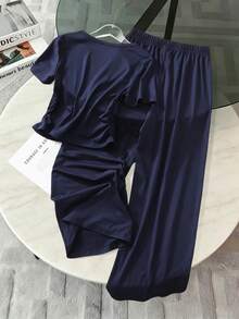 2pcs Tween Girls Casual Sports Style Navy Blue Pony Print Short Sleeve Long Pants Round Neck Thin Daily Casual Summer Two Pieces Set - Navy Blue - View 2