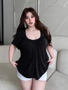 Vibekara Camiseta holgada cómoda y casual con pecho fruncido talla grande para primavera y verano - Negro - Ver 5