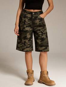 SHEIN Tall Quần short Bermuda nữ họa tiết rằn ri, có túi, dáng rộng, thoải mái, kiểu cargo, quần short rằn ri. - xanh quân đội - Xem 7