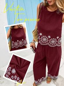 Vivid Eden 女款春夏休閒度假風花卉刺繡無袖上衣與寬腿長褲兩件套 - 酒紅色 - 查看 8