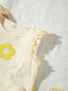 Girls'Cute Floral Embroidery Ruffle Hem Vest And Shorts 2 Pieces Set,Textured Fabric,Beige,Butteryellow Summer Beach Vacation Daily Outfits - Multicolor - View 4