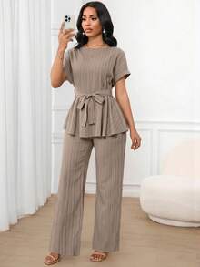 Lady Conjunto casual minimalista de 2 piezas para mujer con cuello redondo, manga corta, bajo enrollado y cintura ceñida en unicolor - Blanco - Ver 3