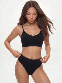 Rina Fox Solid Seamless Bra & Panty Lingerie Set - Black - View 3