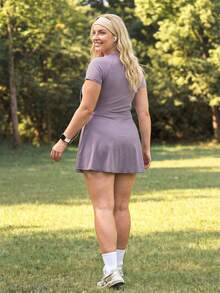 In My Nature Women's Plus Size Solid Color Minimalist Short Sleeve Sports Dress - Purple - View 3