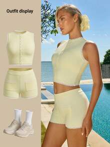 Fluxe Camiseta deportiva ajustada de mujer con botones y decoración de encaje en contraste para el verano - Butter Yellow - Ver 8