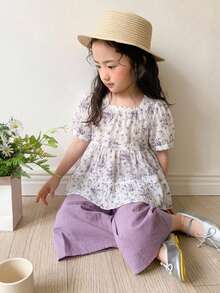 Dazy Kids Setelan 2 Potong Kemeja dan Celana Panjang Motif Bunga Kasual Musim Panas untuk Anak Perempuan - Mauve Purple - View 5