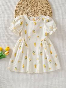 SHEIN 1pc Baby Kid Girl Cute Chic Boho Floral Soft Thin Mini Bow Back Puff A-Line Sun Dress Gown Set Wear Party Bday Trip Gift Day Cool Spr Sum Fall New Fun - Yellow - View 8