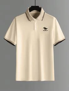 Calvornis Men's Business Casual Ribbed Collar Short Sleeve Formal Polo Shirt, Ceremony - Apricot - View 4