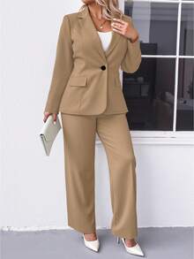 SHEIN LUNE Áo khoác Blazer tay dài màu trơn cỡ lớn có túi trước - Màu Khaki - Xem 3