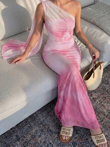 Firerie 女款夏季優雅浪漫時尚通勤性感優雅風不對稱領貼身長洋裝，適合派對、海邊度假、返校、浪漫約會、婚禮季、生日、復活節女裝，春/夏洋裝 - 粉色 - 查看 5