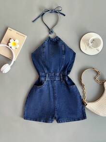 Elamini Women's Backless Halter Neck Denim Romper - Blue - View 1