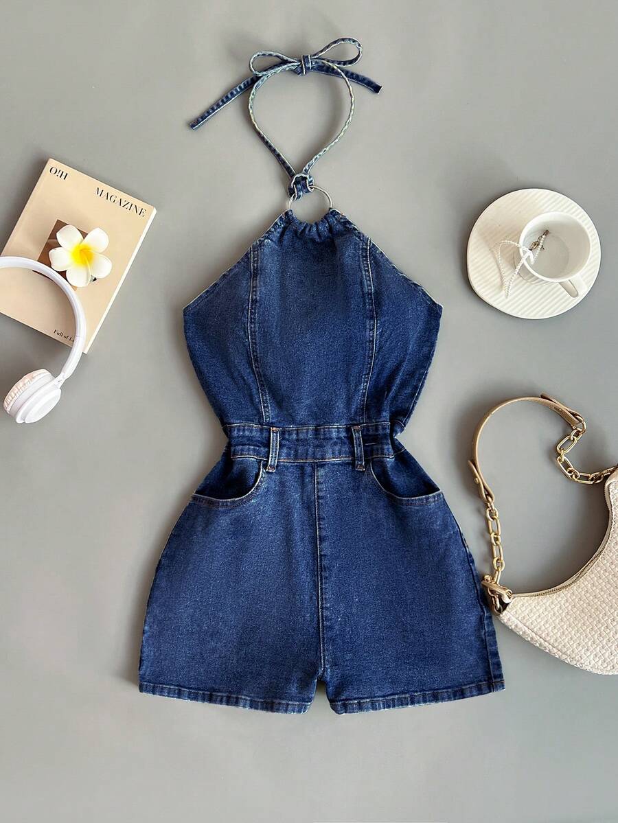 Elamini Women's Backless Halter Neck Denim Romper - Blue - View 1