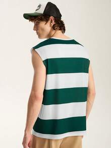 Limitiso Men's Casual Striped Tank Top, Summer Versatile Green & White Striped Tank Top For Men - Green - View 2