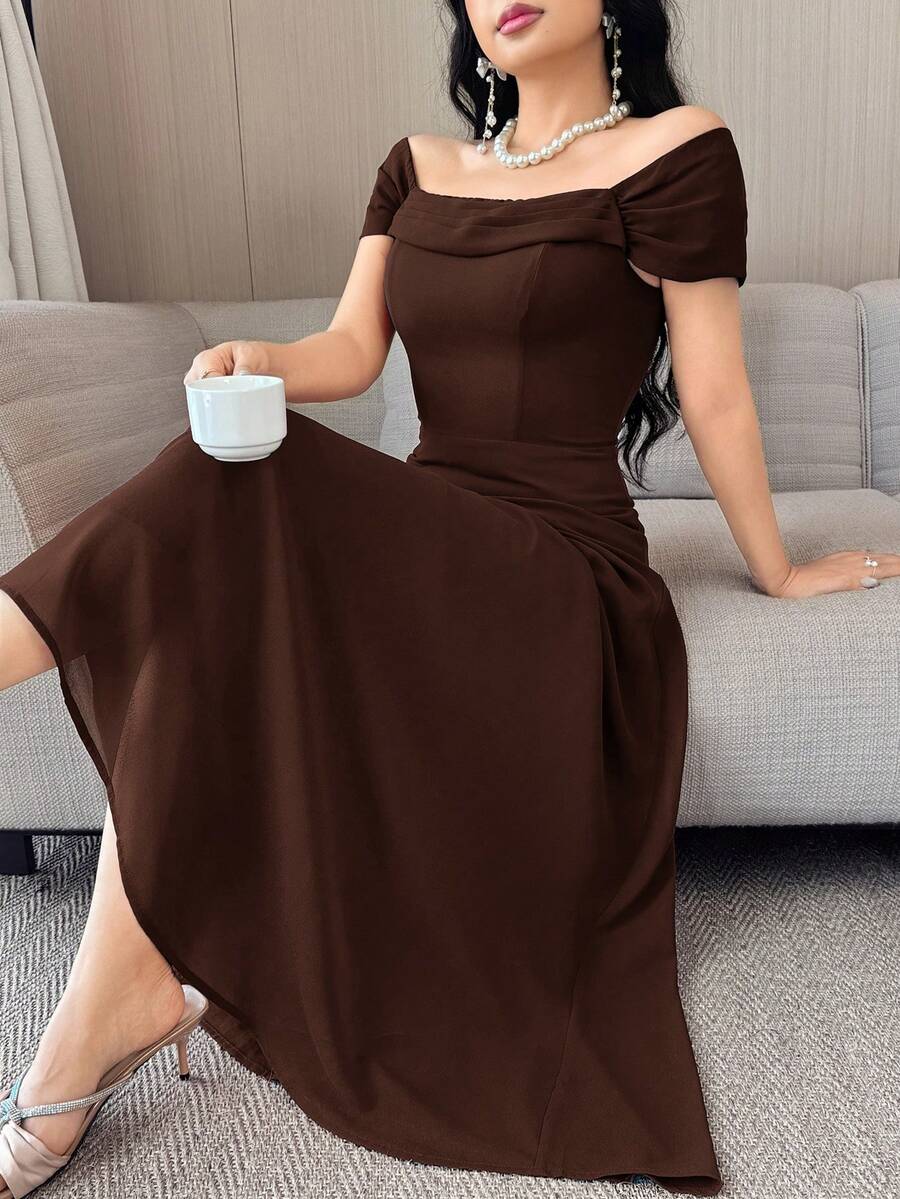 Feyla 女款時尚優雅派對露肩洋裝 - 咖啡棕 - 查看 1