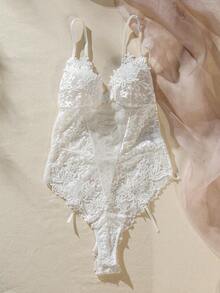 DelicateAllure Appliques Mesh Teddy Bodysuit Lingerie  Cozy And Elegant Details - White - View 4