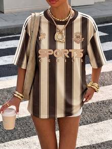 Muchica 休閒簡約圓領短袖寬鬆女款T恤，適合夏季，條紋印花圖案 - 彩色 - 查看 6