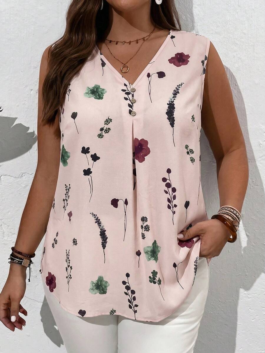 EMERY ROSE Blusa de verano sin mangas con cuello en V y estampado floral, casual, talla grande - Rosa - Ver 1