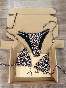 Swim Vcay Bikini sexy para mujer 2026 Primavera/Verano con copa triangular, cuello halter, estampado de leopardo, estilo sexy, decoración de cadena metálica, conector de anillo dorado, corte alto, adecuado para playa, piscina y escenas costeras - Negro - Ver 5