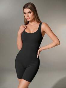 SHEIN Sports 女款簡約純色背心連身褲健身運動套裝 - 黑色 - 查看 4