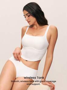 LUVLETTE Wireless Seamless 2-In-1 Built-In Square Neck Bra Cami Backless Longline Lounge Basic White Bra Tank Top - White - View 10