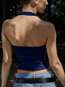 INAWLY Solva Women's Sexy Low Neck Backless Halter Top For Summer - Blue - View 2